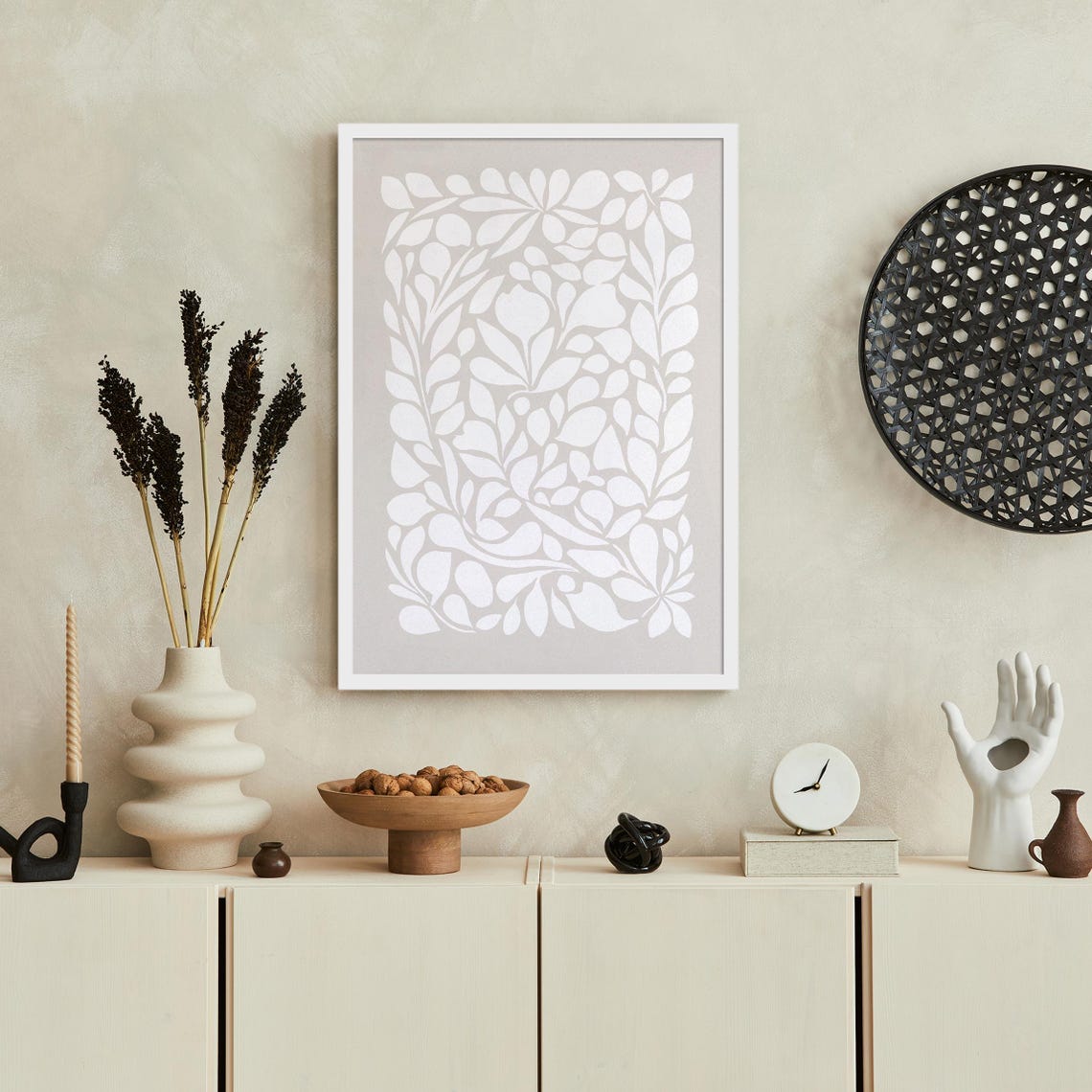 Minimalist White Botanical Poster with Leafy Paper Cut Design - Image 3