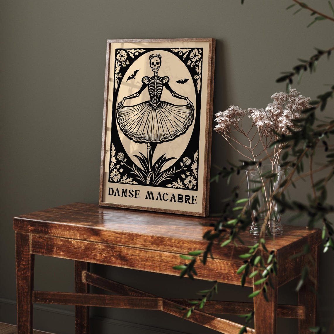 Danse Macabre Black Cream Skeleton Ballerina Woodcut Art Poster - Image 6