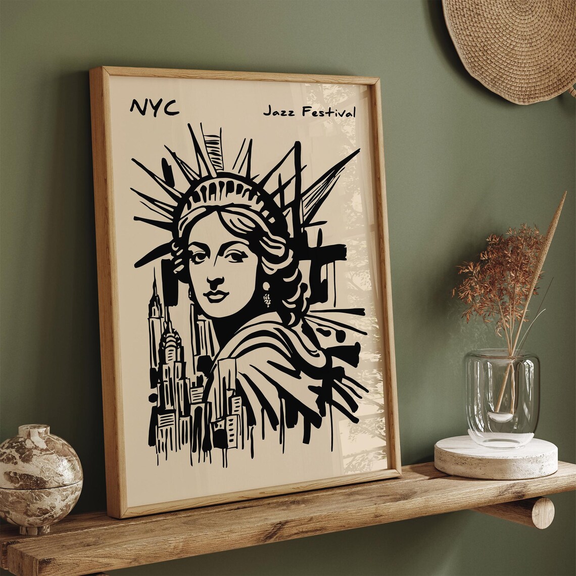 NYC Jazz Festival Statue of Liberty City Bold Sketch Art Poster - Image 3