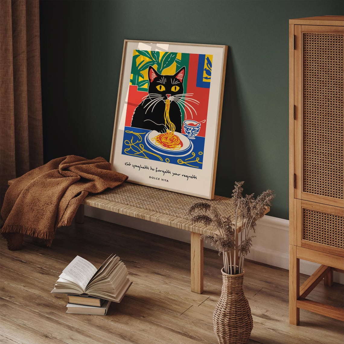 Black Cat Eating Spaghetti Funny Dolce Vita Kitchen Quote Poster - Image 4
