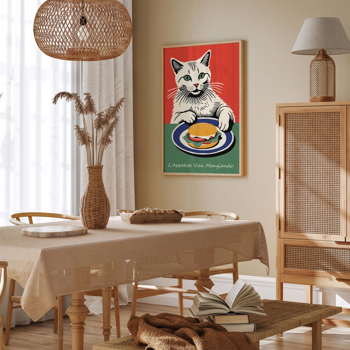 Funny White Cat Eating Burger Italian Poster L'Appetito Vien Mangiando - Image 4
