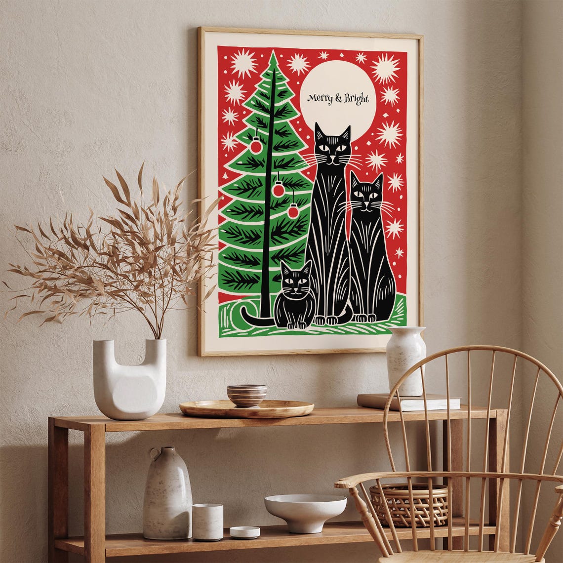 Merry and Bright Christmas Cat Poster with Black Cats and Tree - Image 5