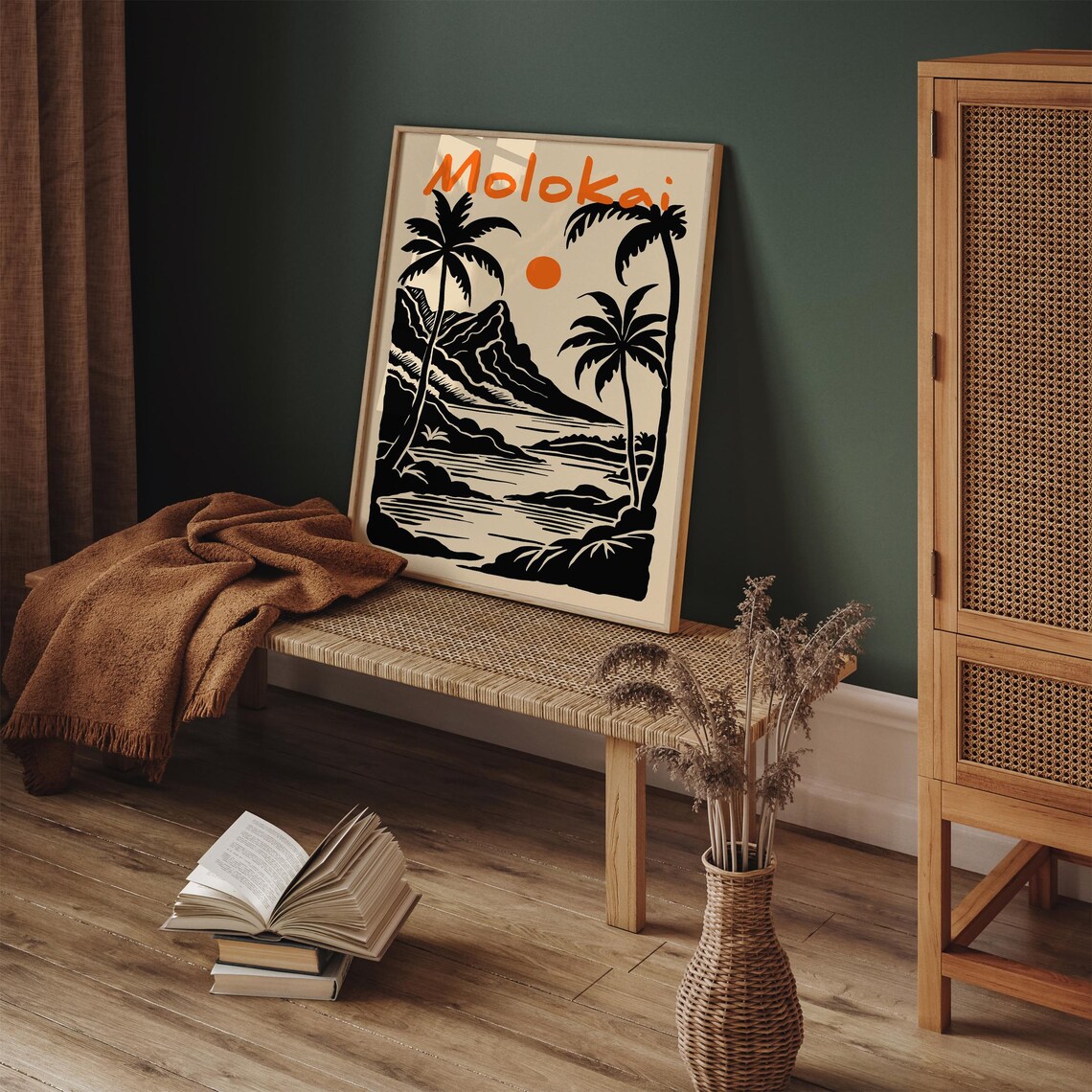 Molokai Hawaii Retro Travel Poster Palm Trees Mountain Sun Art Poster - Image 3