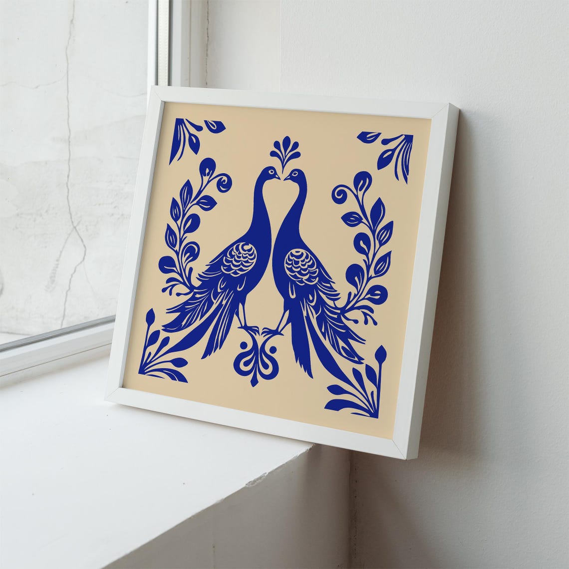 Art Nouveau Blue Peacocks Symmetrical Square Decorative Poster - Image 4