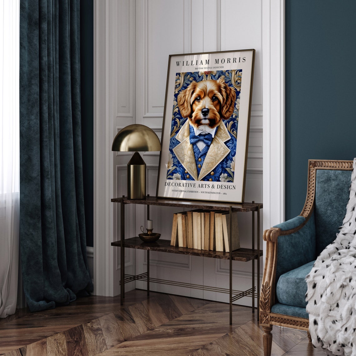 William Morris Dapper Bow Tie Dog Blue Floral Exhibition Poster - Image 4