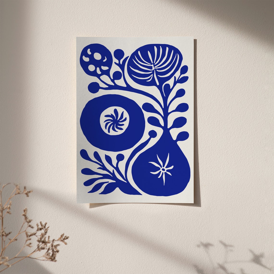 Blue Abstract Bloom Botanical Folk Art White Negative Space Print - Image 2