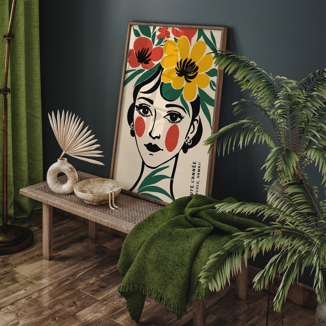 Floral Hawaiian Girl Portrait Honolulu Hawaii Travel Art Poster - Image 4
