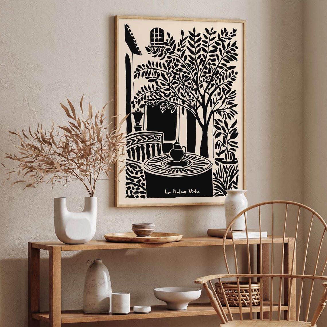La Dolce Vita Italian Garden Courtyard Black Beige Art Poster - Image 3