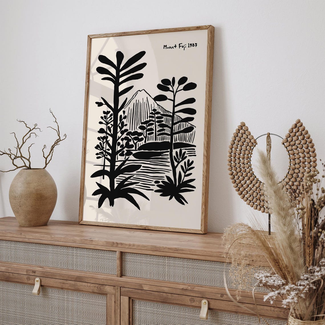 Mount Fuji 1987 Japanese Black White Minimalist Linocut Poster - Image 2