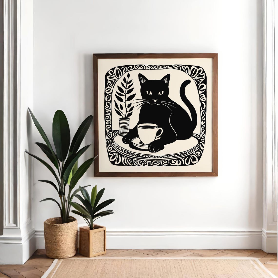 Cozy Black Cat With Coffee Cup Black and White Linocut Art Print - Image 4