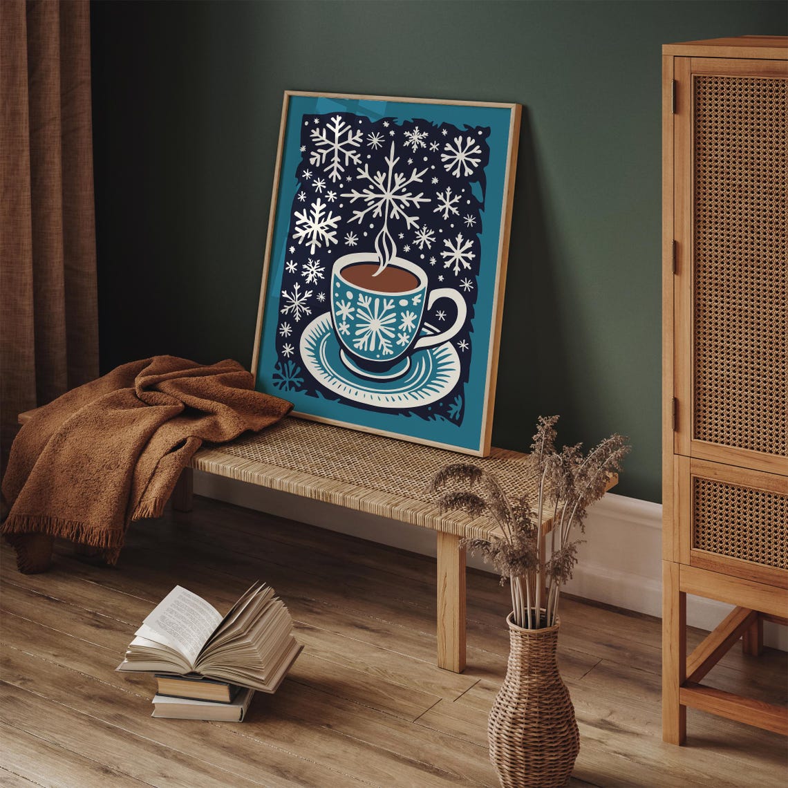 Teal Snowflake Pattern Coffee Cup Winter Hygge Kitchen Poster - Image 4