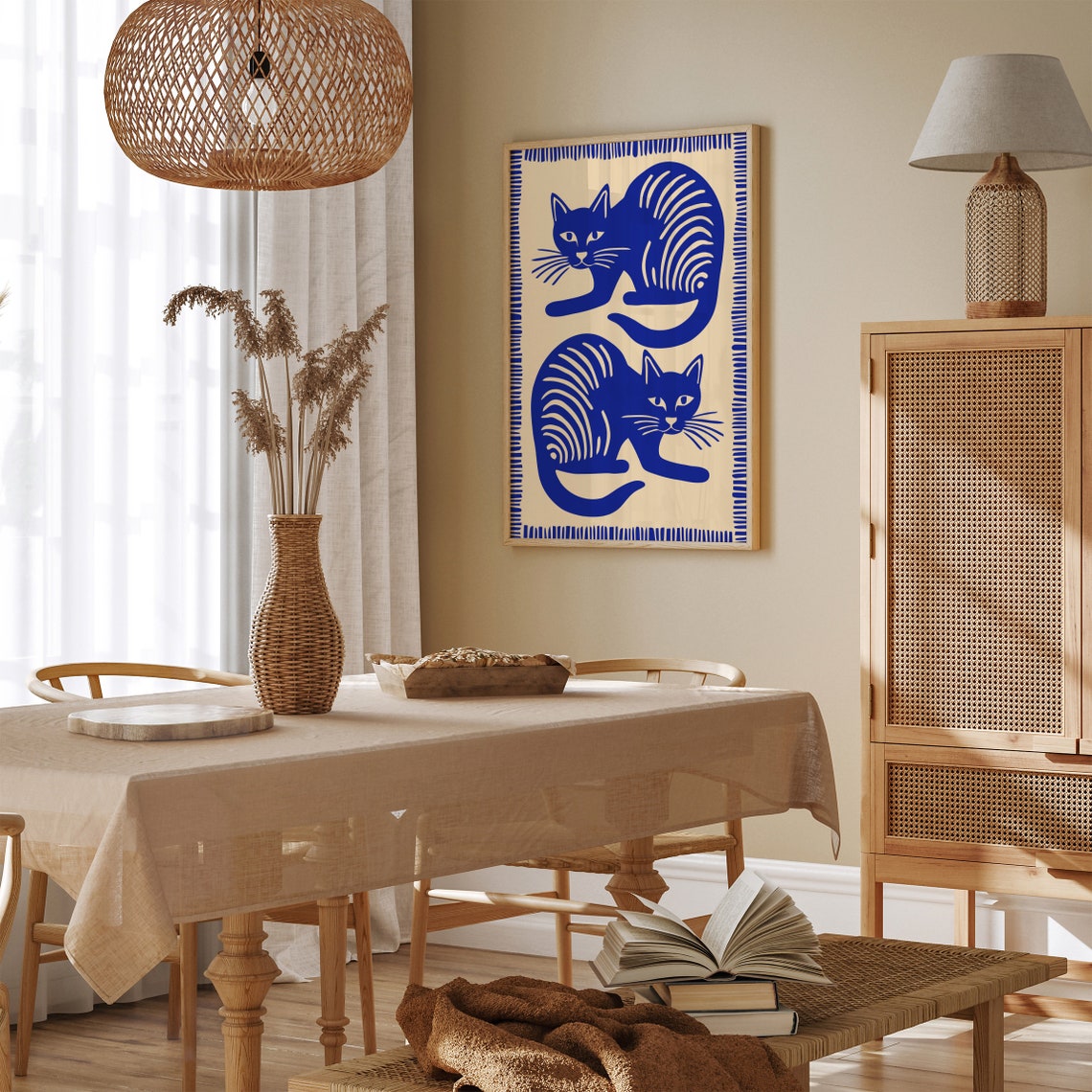 Blue Indigo Twin Cats Decorative Striped Border Folk Art Print - Image 4