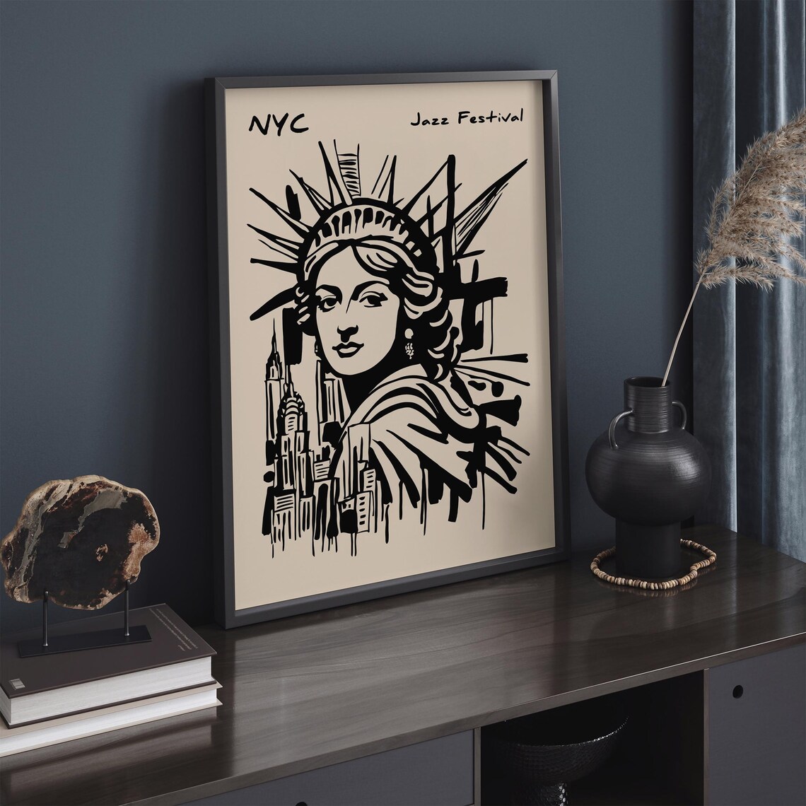NYC Jazz Festival Statue of Liberty City Bold Sketch Art Poster - Image 4