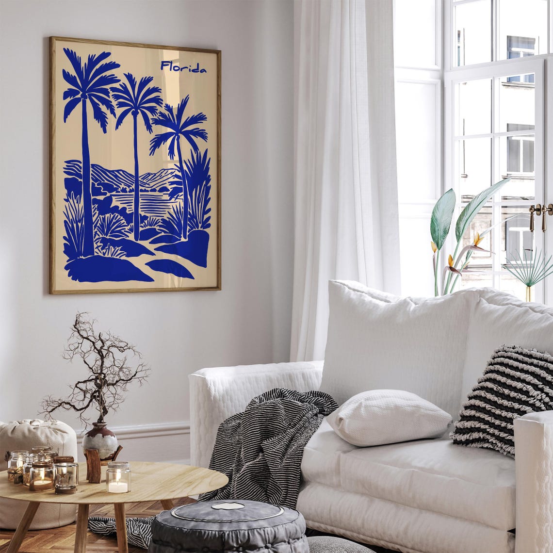 Vintage Florida Palm Trees Blue Linocut Beach Poster On Cream - Image 4