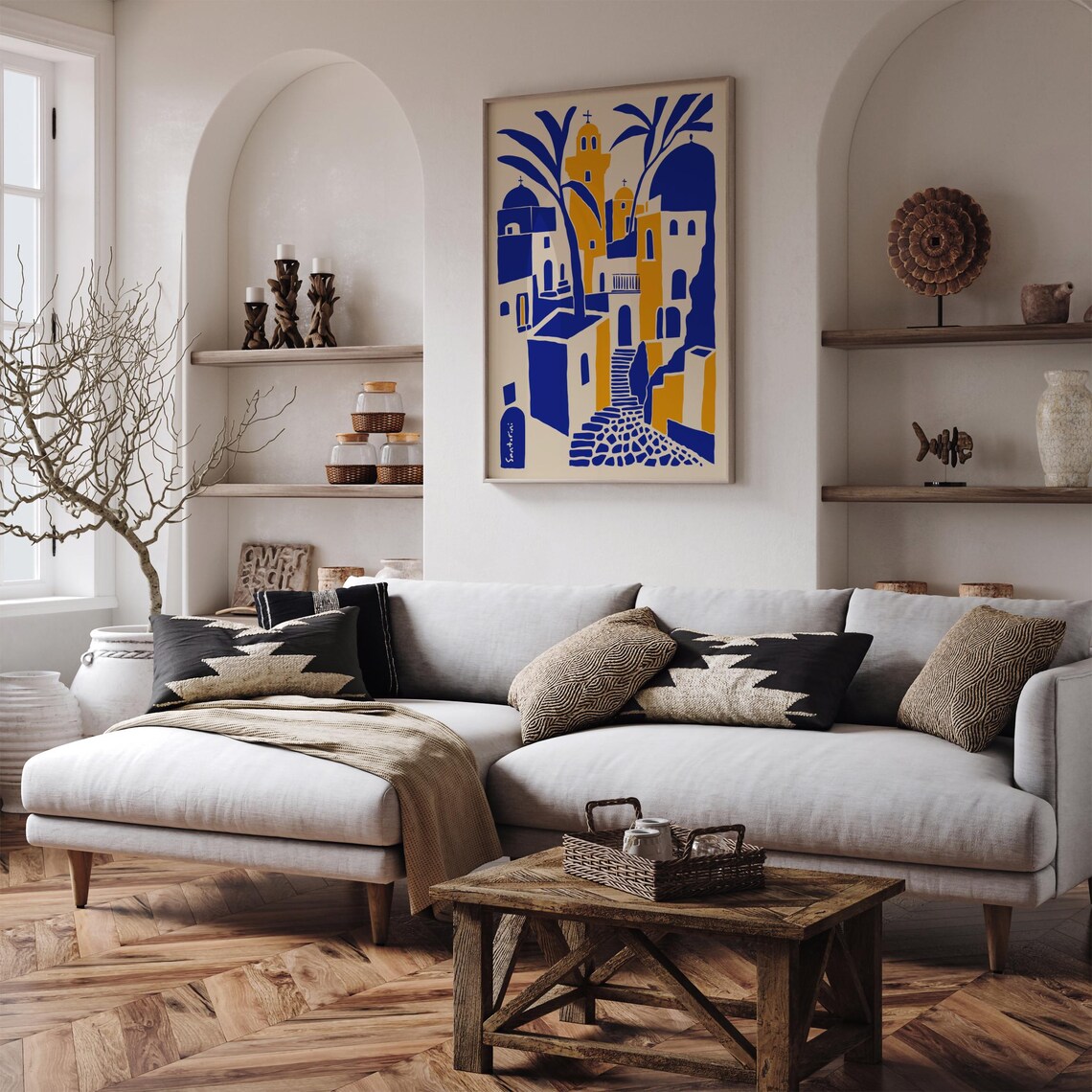 Colorful Santorini Village Poster In Blue And Warm Ochre Tones - Image 3