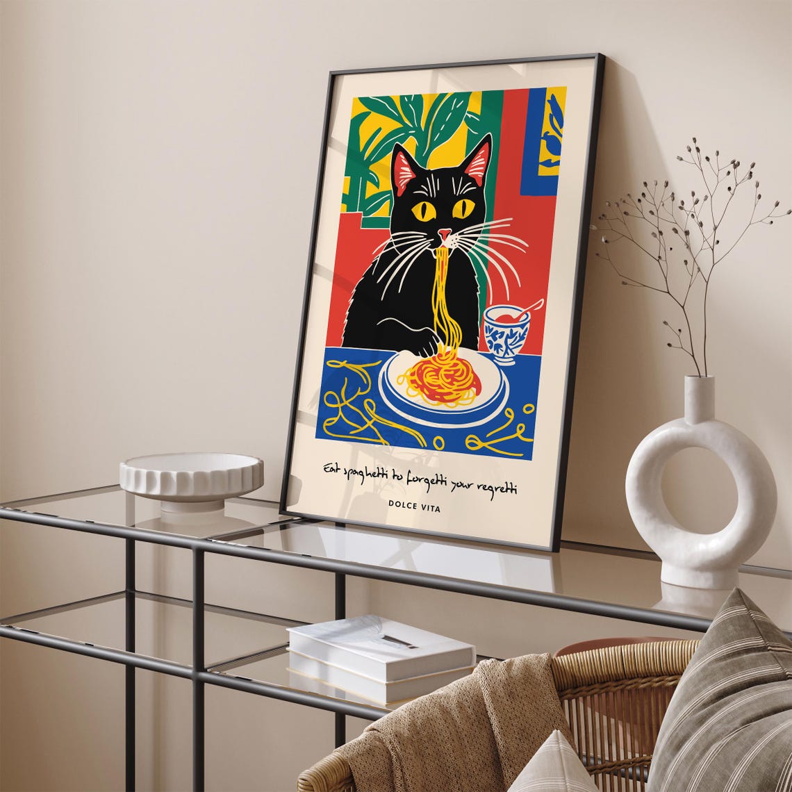 Black Cat Eating Spaghetti Funny Dolce Vita Kitchen Quote Poster - Image 5