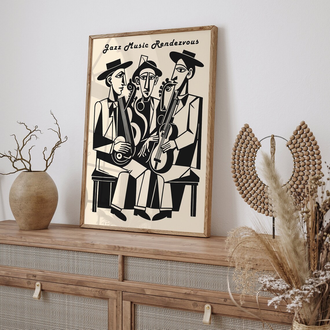 Jazz Music Rendezvous Black and White Cubist Jazz Trio Poster - Image 6
