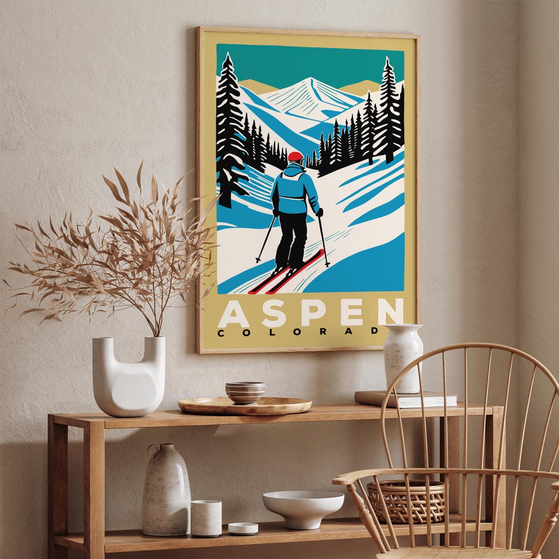 Aspen Colorado Ski Resort Retro Skier Winter Mountain Travel Poster - Image 2