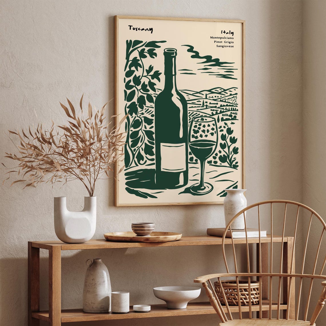 Tuscany Italy Green Travel Wine Poster Vintage Scenic Tuscany Vineyard Art Print Italian Countryside Wall Art Honeymoon Wine Lover Gift - Image 2