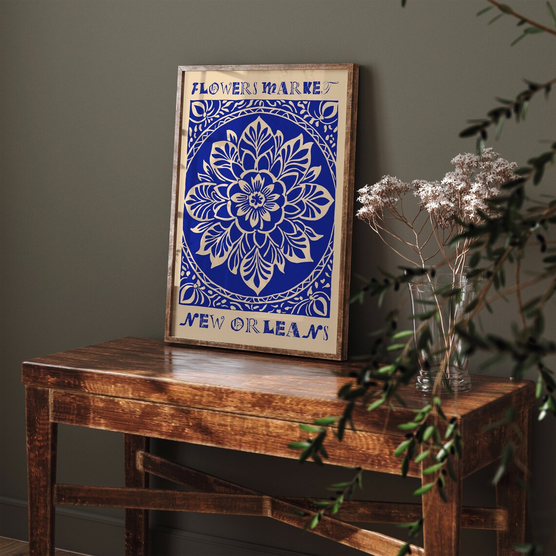 New Orleans Flower Market Indigo Blue Botanical Linocut Poster - Image 6