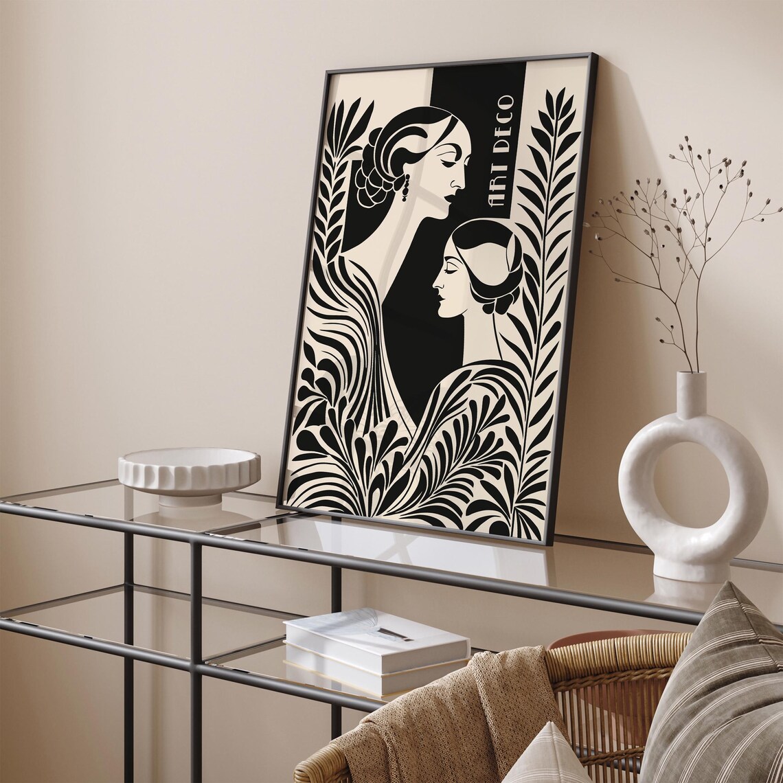 Art Deco Double Profile Women Black Beige Elegant Art Poster - Image 5