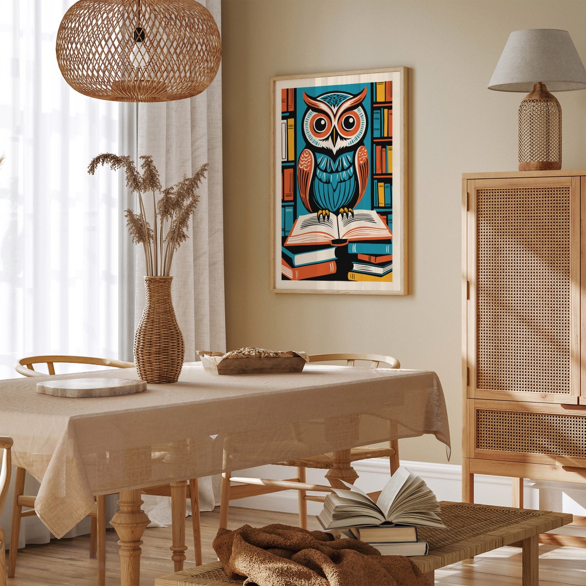 Vintage Owl Standing on Books Beside Library Bookshelf Art Poster - Image 3