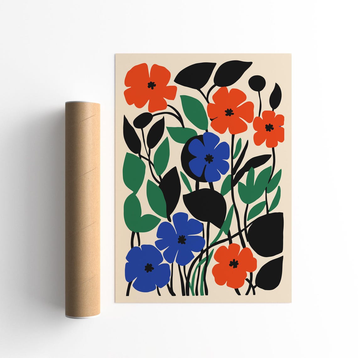 Abstract Flower Field Poster Orange and Blue Blooms on Cream Paper