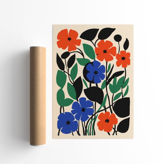 Colorful Retro Floral Art Print Blue Green Botanical Poster Modern Wall Art Henri Matisse Inspired Print Bold Flower Kitchen Wall Decor