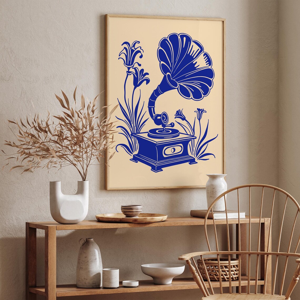 Blue Gramophone With Tall Lilies Vintage Music Room Decor Art Print - Image 2