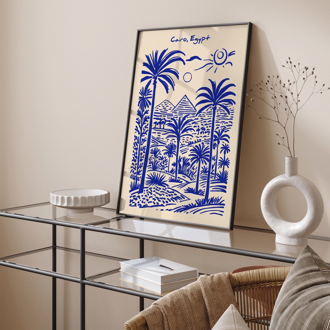 Cairo Egypt Blue Pyramids Palm Trees Sunny Travel Art Poster - Image 5