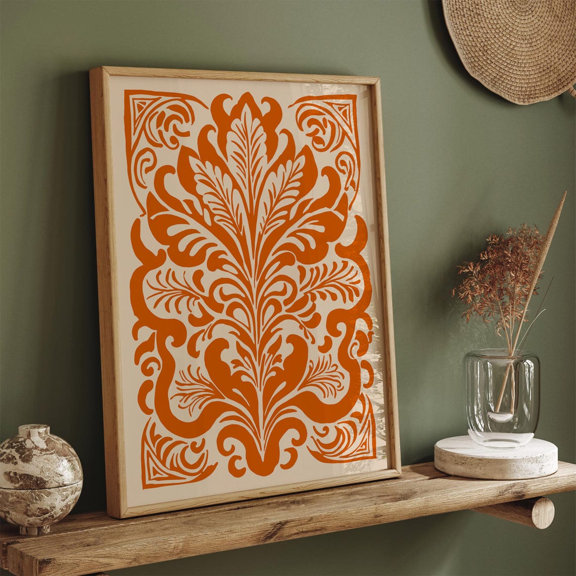 Ornate Burnt Orange Victorian Damask Pattern Poster On Cream