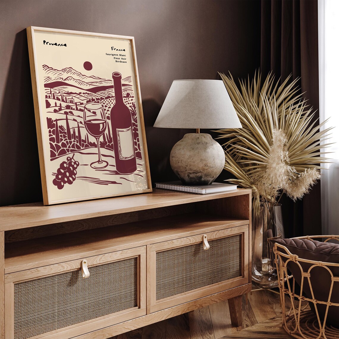 Provence France Wine Burgundy Ink Vineyard Bottle Glass Poster - Image 2