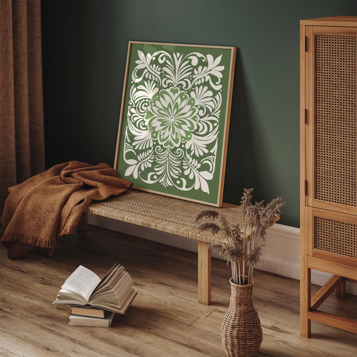 Green Cream Elegant Floral Pattern Rococo Botanical Art Print - Image 6
