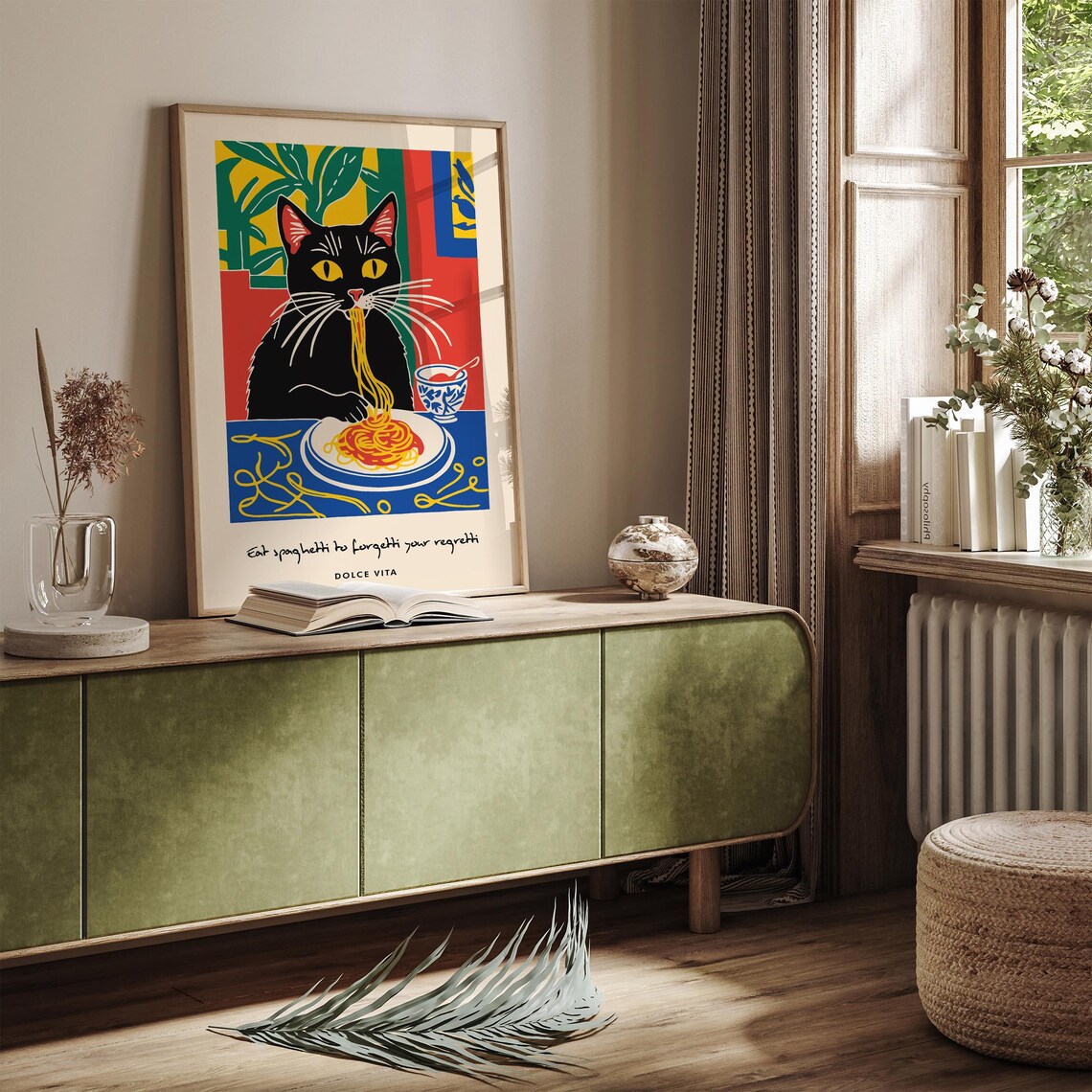 Black Cat Eating Spaghetti Funny Dolce Vita Kitchen Quote Poster - Image 2