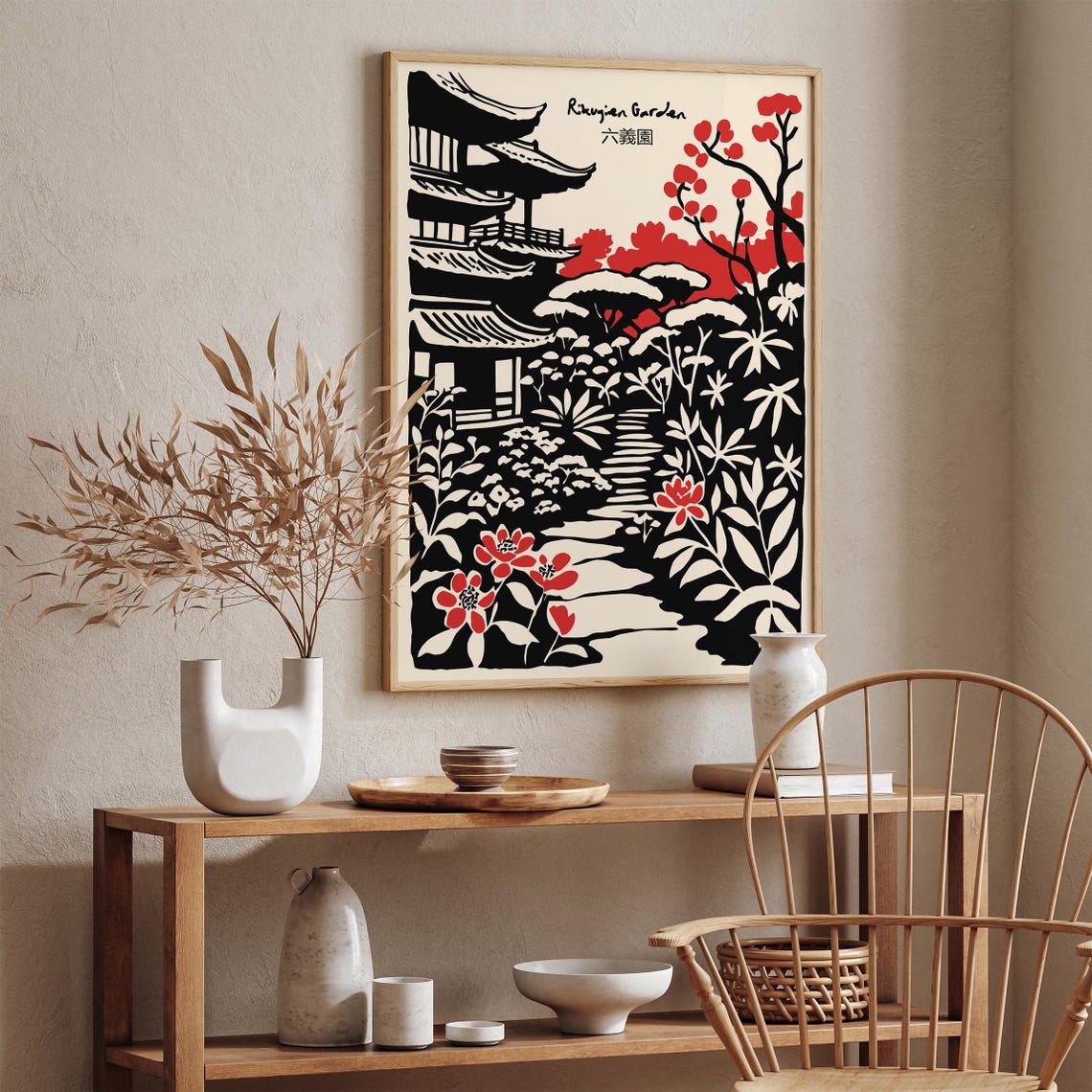 Rikugien Garden Black Ink Art Print Japanese Garden Illustration Traditional Asian Landscape Poster Zen Nature Wall Art Japandi Art Home - Image 6