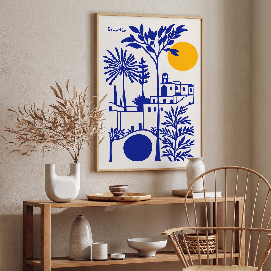 Croatia Coastal Village Blue Yellow Modern Mediterranean Poster - Image 3