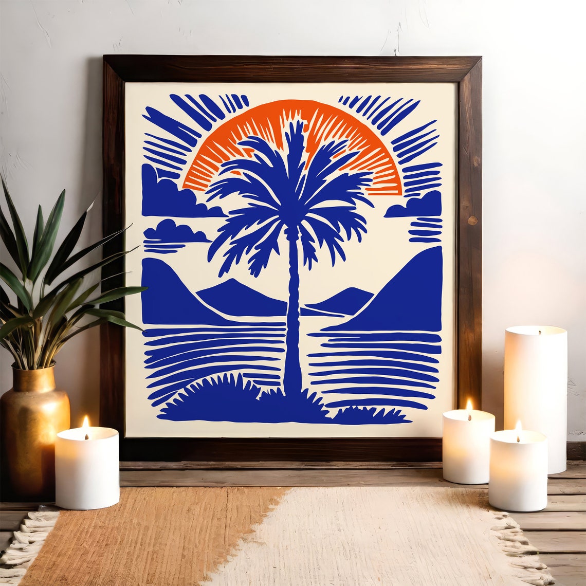 Blue Palm Tree Sunset Ocean Waves Bold Graphic Square Art Poster - Image 5