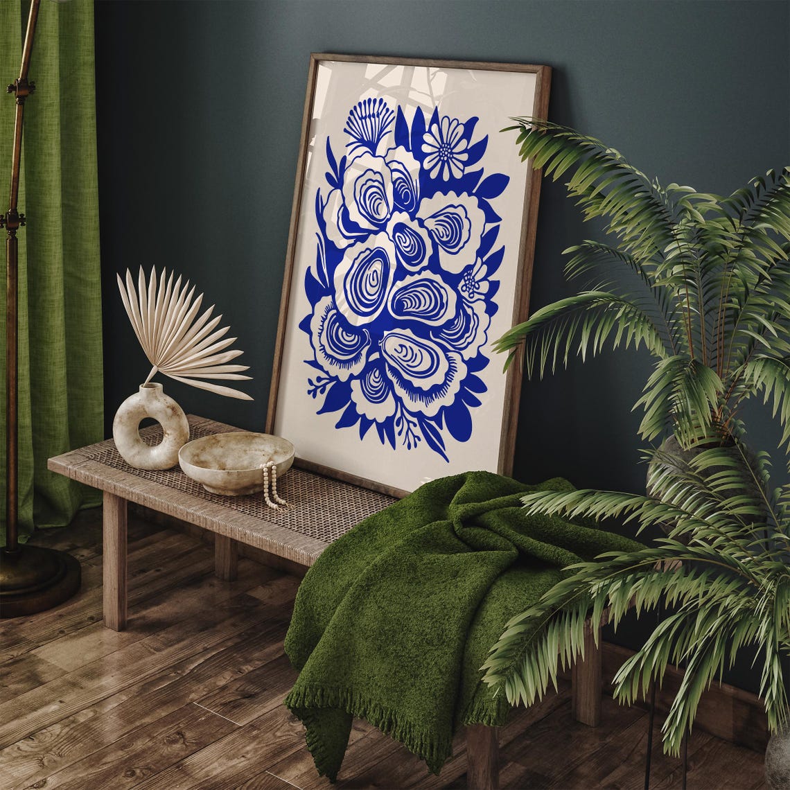 Blue Oyster Bar Seafood Botanical Bouquet Indigo Nautical Style Poster - Image 4