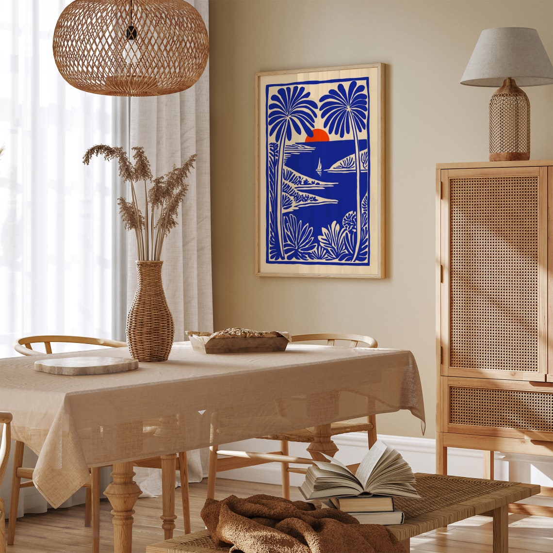 Tropical Sunset Sailboat Blue Linocut Style Coastal Scene Poster - Image 5