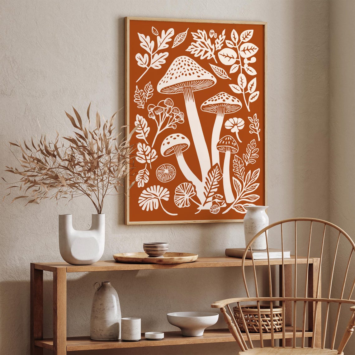 Burnt Orange Mushroom Botanical Forest Floor Linocut Style Poster - Image 3