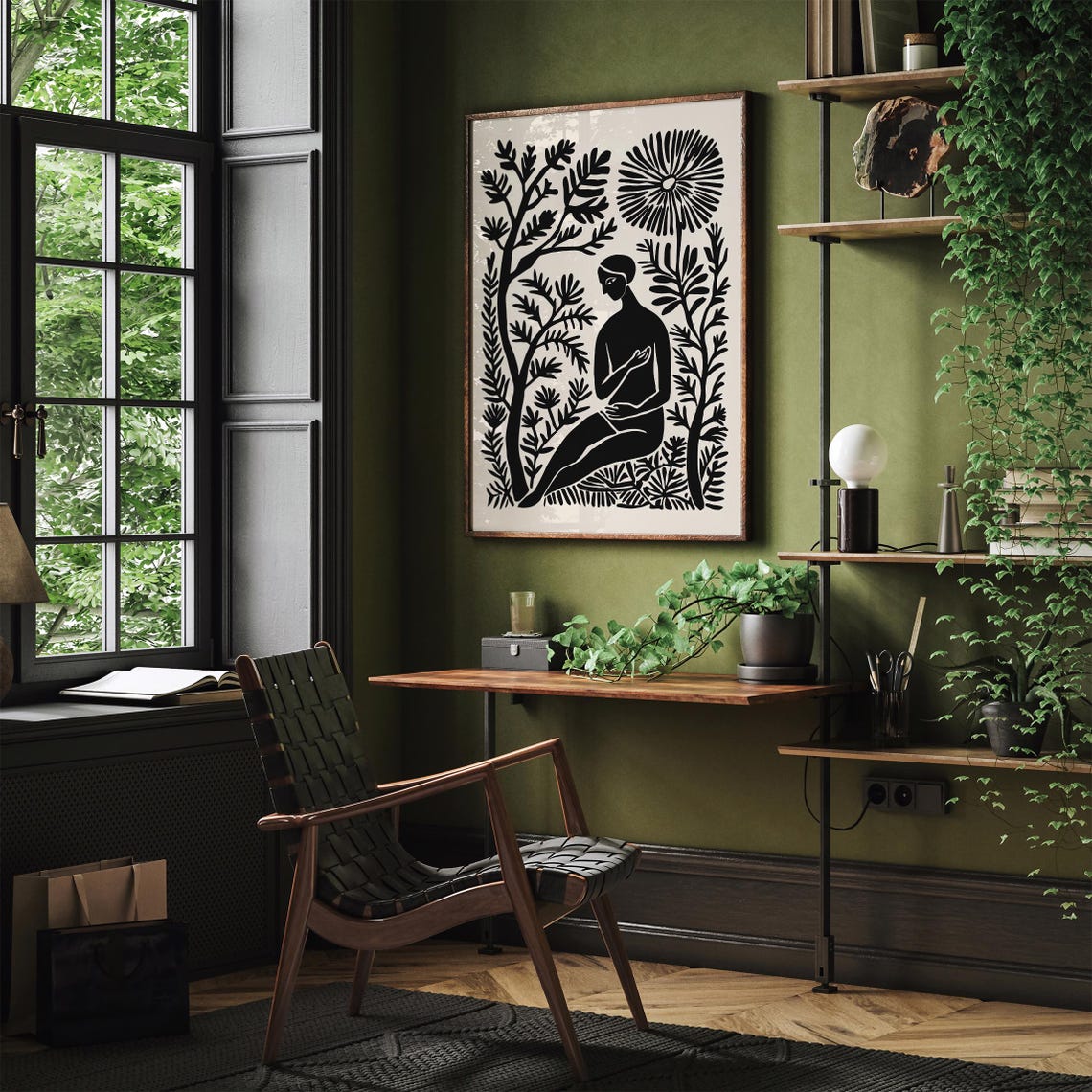 Black White Botanical Harmony Seated Woman Among Plants Linocut Poster - Image 5