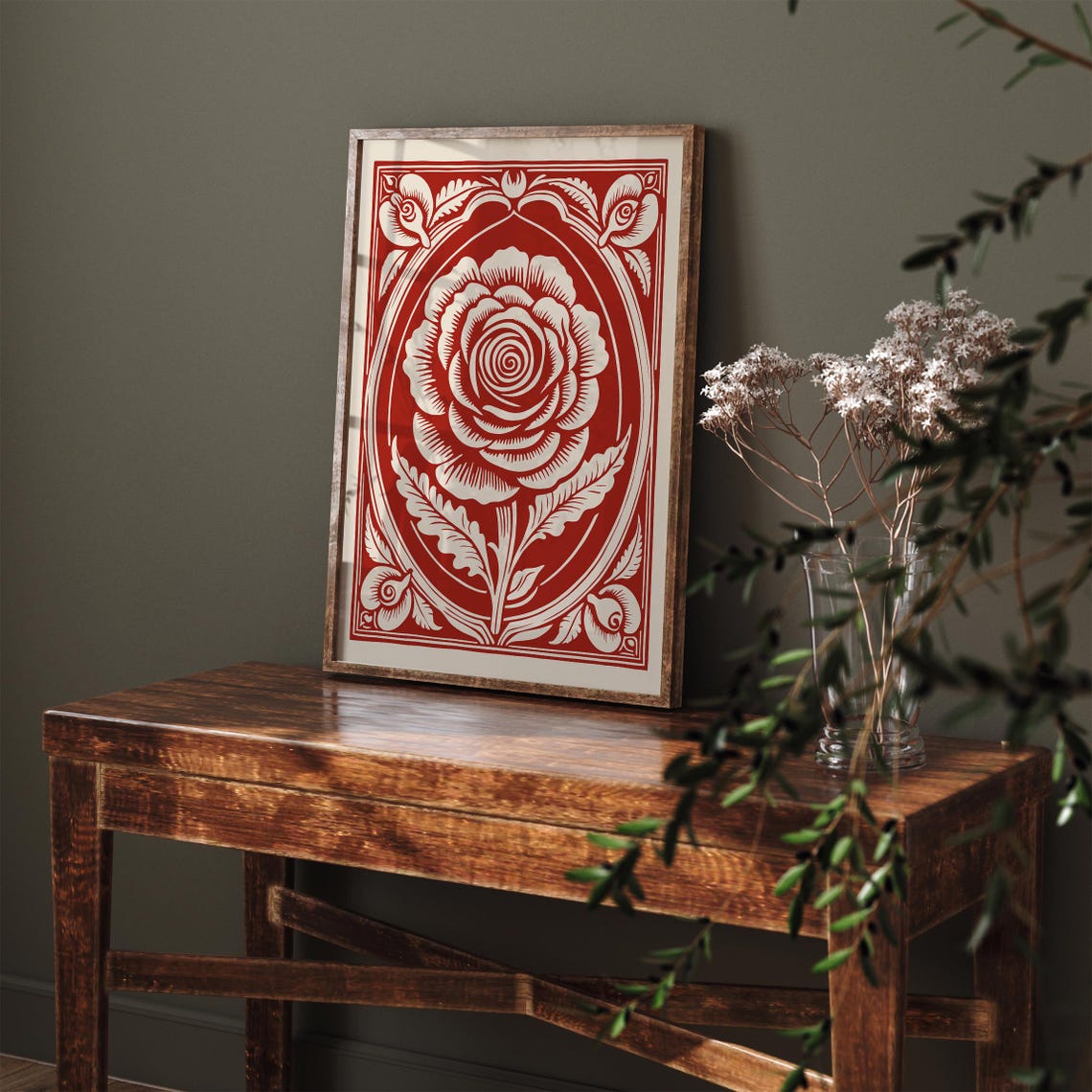 Red Rose Rococo Revival Woodcut Elegant Vintage Floral Poster - Image 2