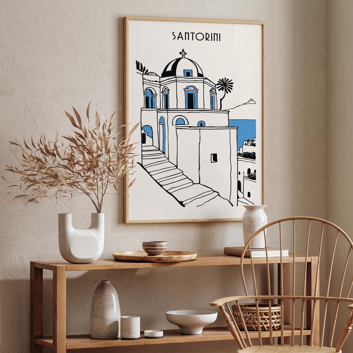 Santorini Blue Dome Church Minimalist Line Art Travel Poster - Image 2