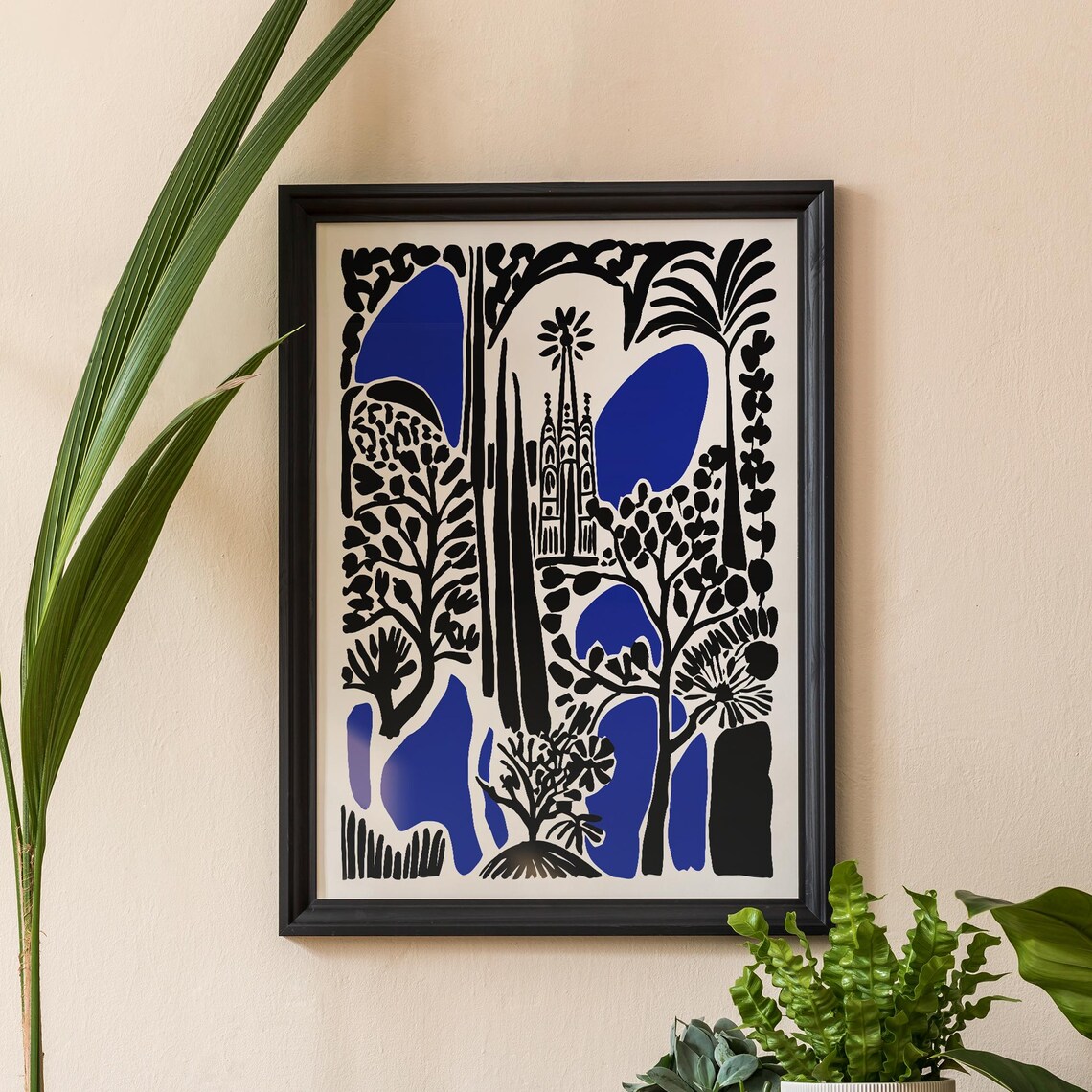 Black and Blue Botanical Sagrada Familia Barcelona City Poster