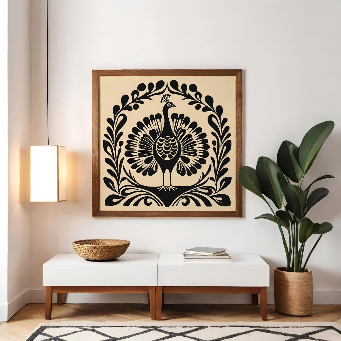 Black Peacock Folk Art Medallion Ornate Bird Scene Art Poster - Image 5
