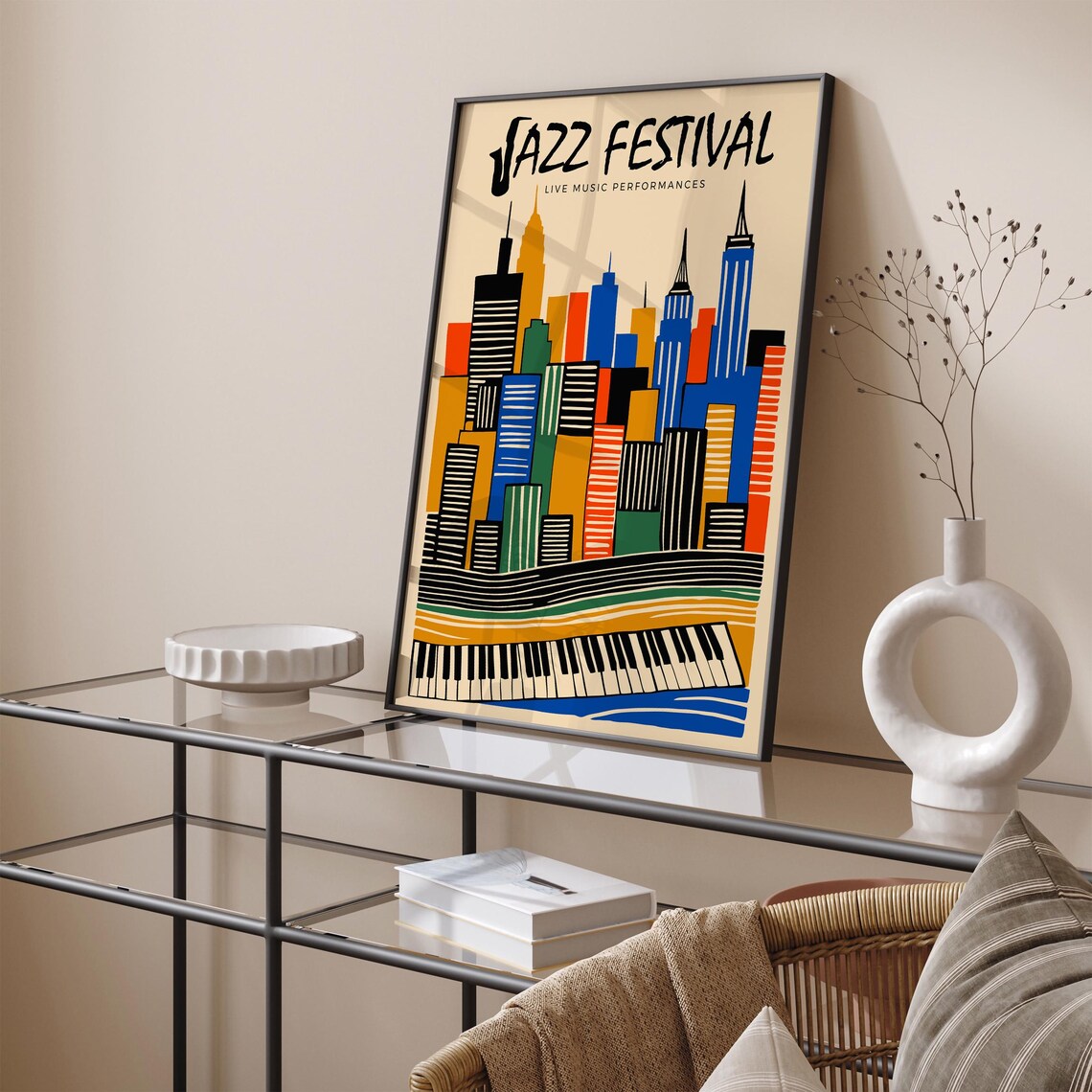 Jazz Festival Live Music Colorful City Skyline Piano Keys Art Poster - Image 3