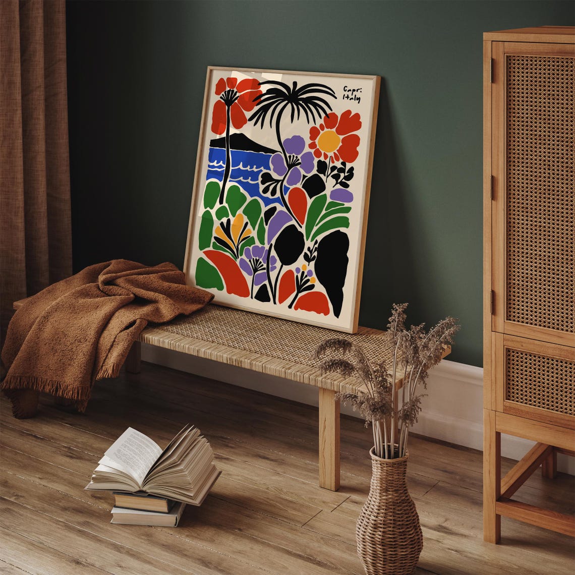 Capri Italy Tropical Palm with Bold Red Flowers Coastal Poster - Image 2