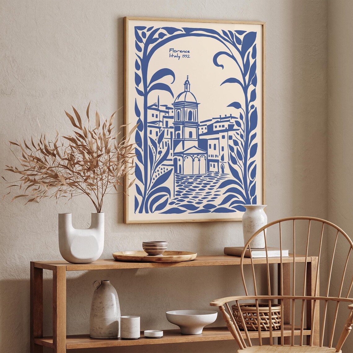 Florence Italy 1992 Blue Ink Piazza Botanical Travel Art Poster - Image 3
