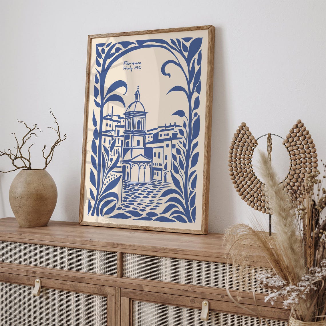 Florence Italy 1992 Blue Ink Piazza Botanical Travel Art Poster - Image 2