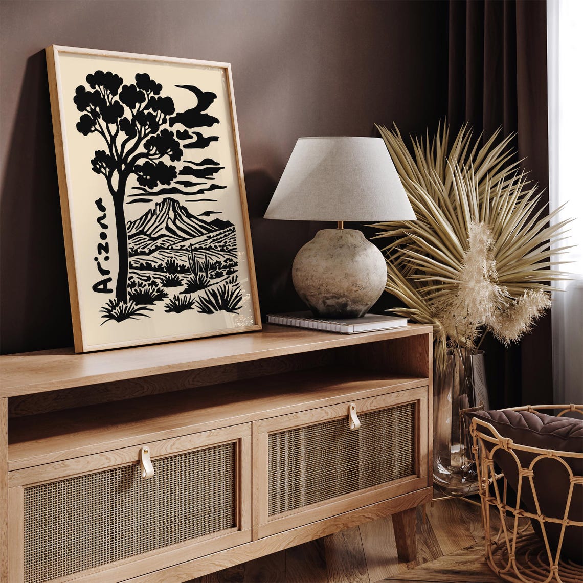 Arizona Black Ink Tree Mountain Desert Silhouette Graphic Poster - Image 2